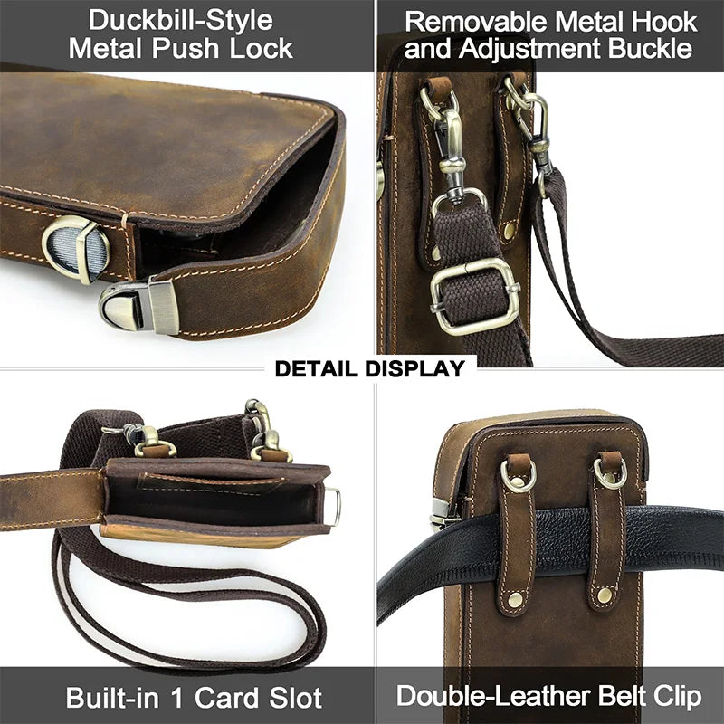 Dunkelbraune Ledertasche mit Push-Lock, Metallhakenverschluss und doppeltem Gürtelclip
