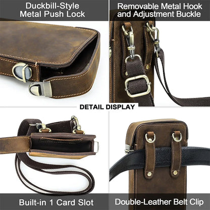 Dunkelbraune Ledertasche mit Push-Lock, Metallhakenverschluss und doppeltem Gürtelclip