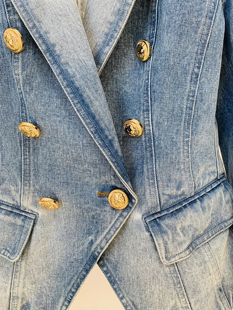 Damen-Blazer Denim doppelreihig Löwenknopf Slim High Street