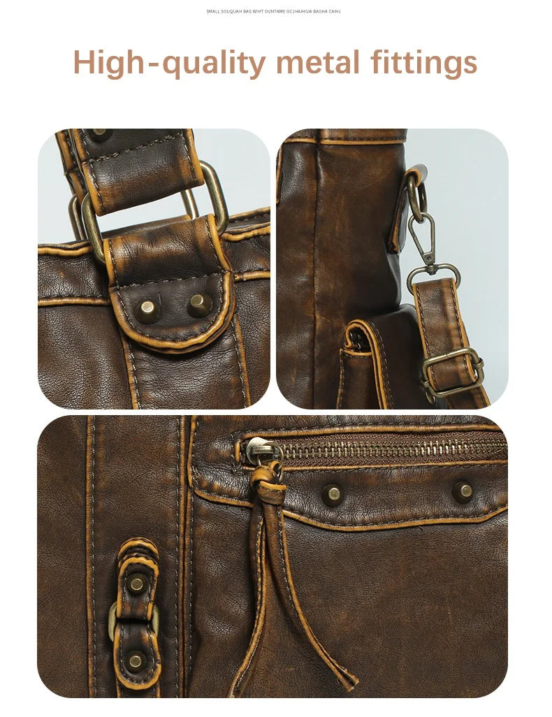 Damen-Schultertasche aus PU mit Mehrfachfächern Bronze Vintage Look Geräumige Innentaschen