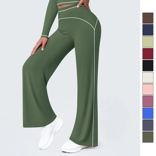 Dunkelgrüne Yoga-Hose für Damen mit weitem Bein und Kontrastnähten