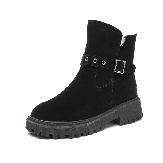 Damen-Winterstiefel aus Wildleder, schwarz, mit Zierschnalle und dicker Profilsohle