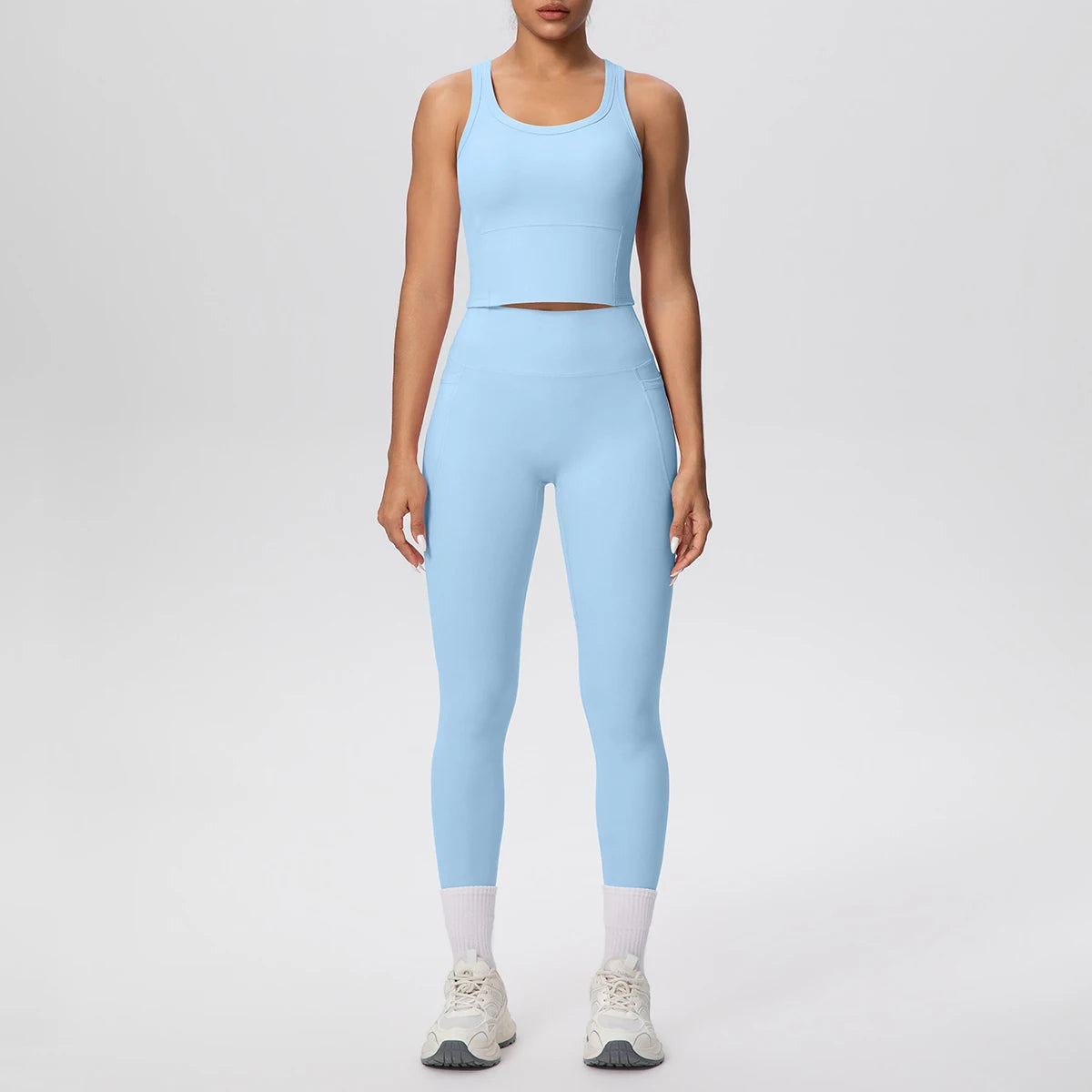 Damen-Yoga-Set mit kurzem Tanktop und High-Waist-Leggings, hellblau
