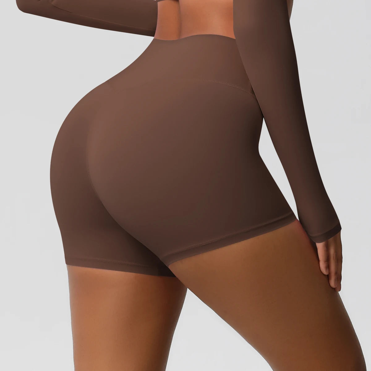 Damen-Sportshorts mit hoher Taille, braun, kurz und eng anliegend, blickdicht
