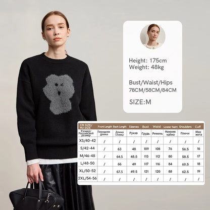 Schwarzer Damenpullover mit rundem Halsausschnitt und grauem Jacquard-Tiermotiv