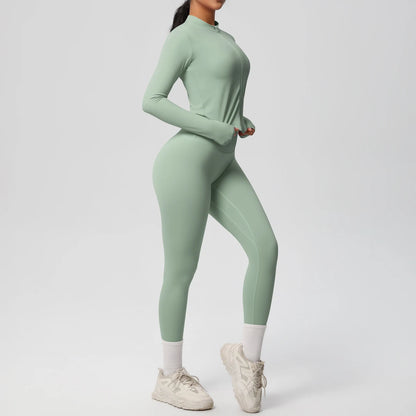 Damen Yoga-Set 2-teilig, mintgrün, Slim-Fit Langarmshirt und eng anliegende Leggings