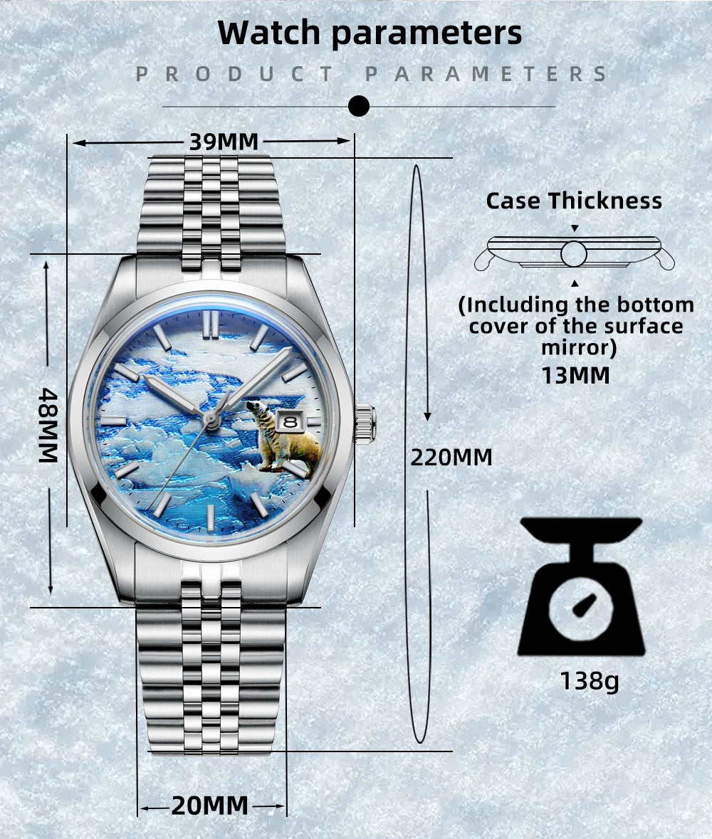 Herren-Automatikuhr mit 3D-Gletscher-Zifferblatt und Bubble-Glas