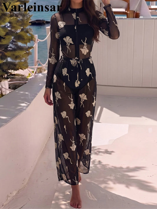 Damen-Hose mit Blumenprint, dunkelblau, weit fallend, transparentes Chiffon-Gewebe
