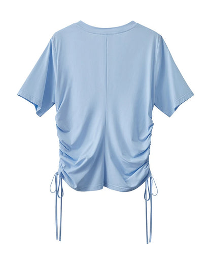 Damen T-Shirt mit solidem V-Ausschnitt und Kordelzug für den Sommer