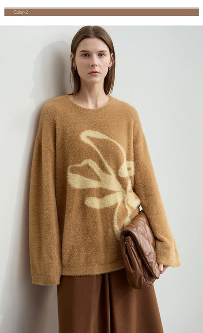 Damen-Pullover kaffebraun mit beigem Jacquard-Motiv vorn, lange Ärmel