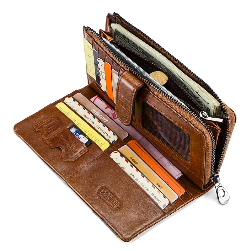 Herren Echtleder Lange Geldbörse Vintage Bifold Reißverschluss Kartenhalter Geldclip