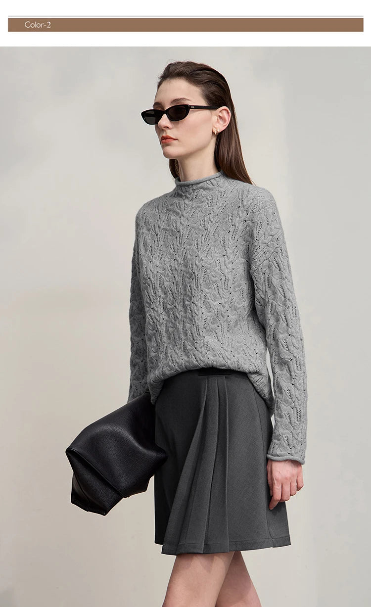 Damen-Strickpullover mit Stehkragen, langarm, grau meliert, lockerer Schnitt