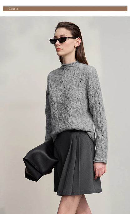 Damen-Strickpullover mit Stehkragen, langarm, grau meliert, lockerer Schnitt