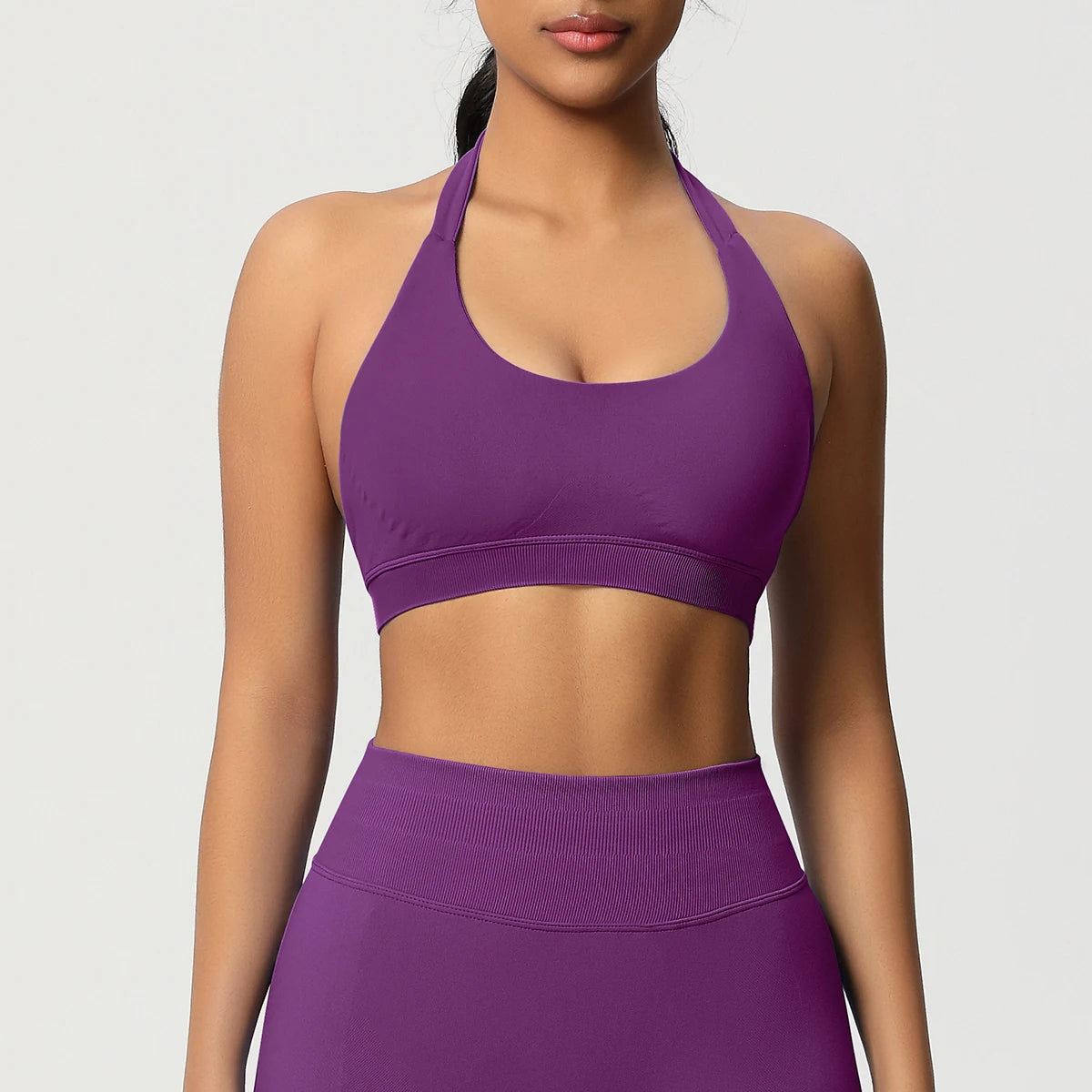 Nahtloser Sport-BH mit Push-up, violett, Racerback, Rundhalsausschnitt, flacher Sitz
