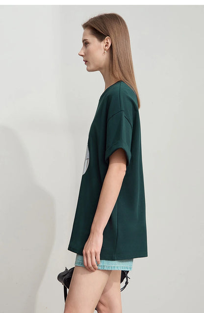Damen Top im minimalistischen Stil mit O-Ausschnitt und bedrucktem Design