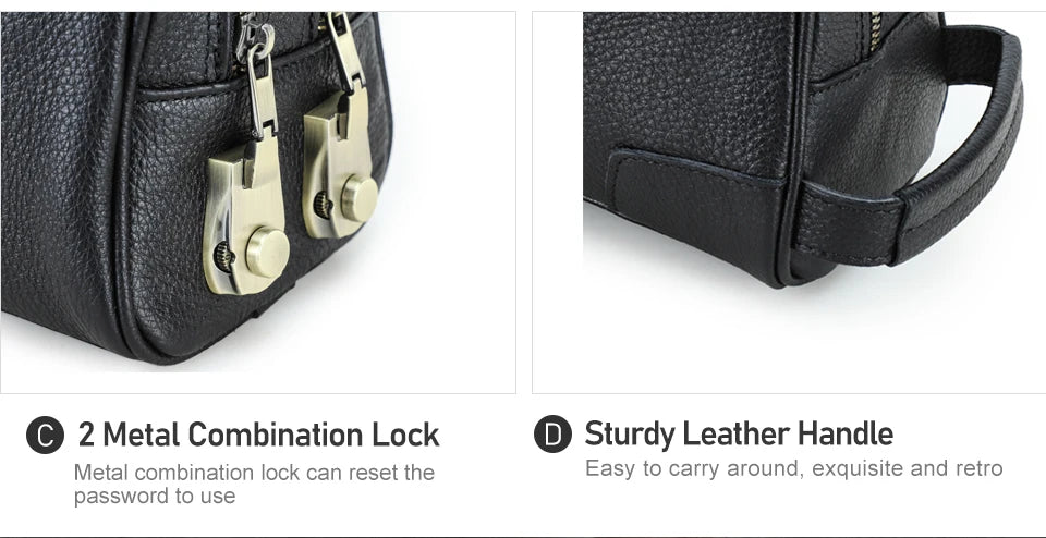 Schwarze Herren-Clutch aus Leder mit Metall-Kombinationsschloss und stabilen Tragegriffen