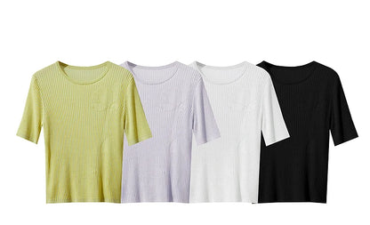 Kurzarm-Pullover-Farbset: gelbgrün, weiß, hellgrau, schwarz mit Rundhals, Rippstrick