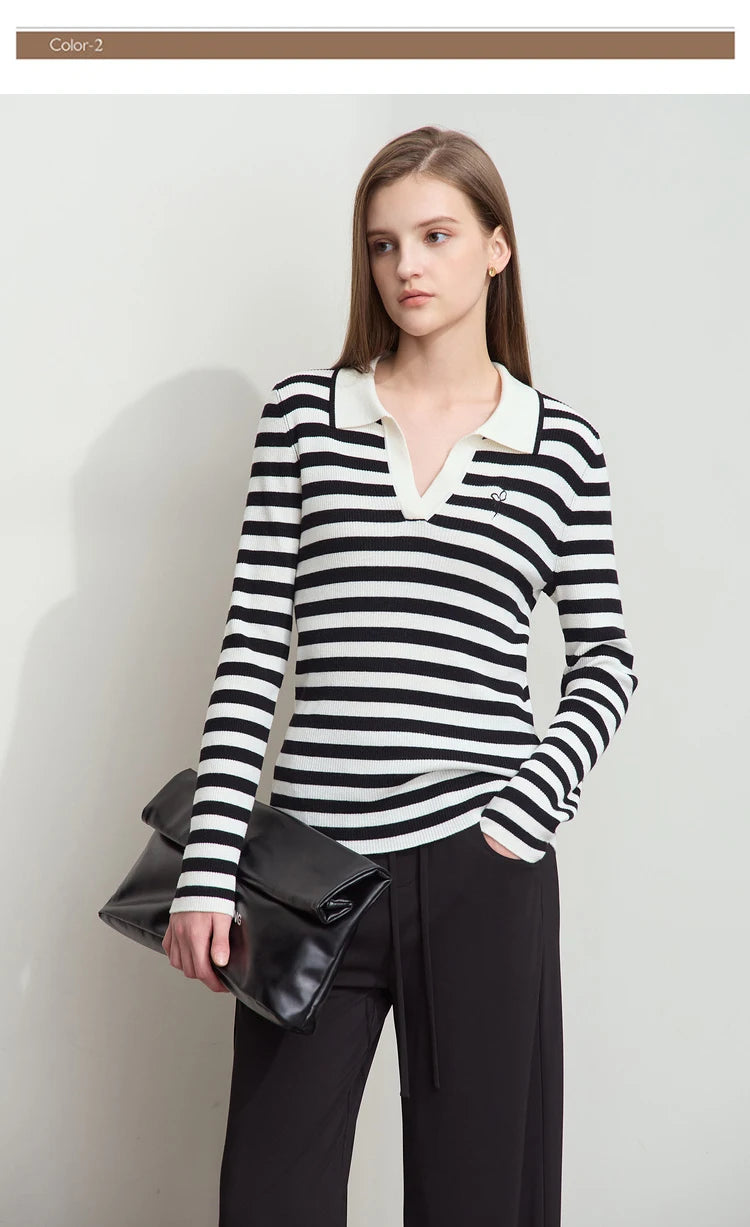 Damen V-Ausschnitt Pullover Streifen Stickerei Polo Kontrastfarben Herbst
