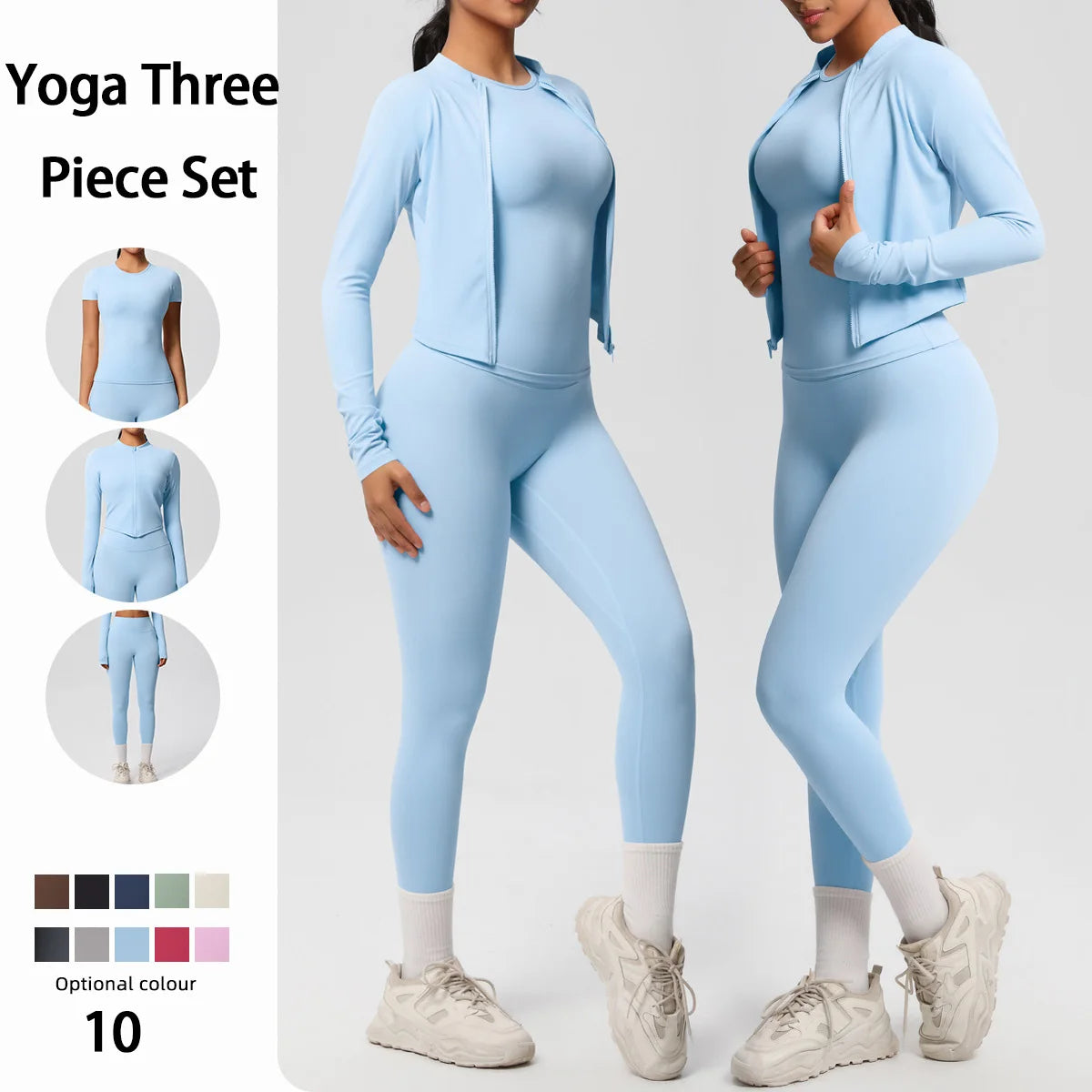 Damen Yoga-Set aus langarmem Top mit Reißverschluss und High-Waist Leggings, hellblau