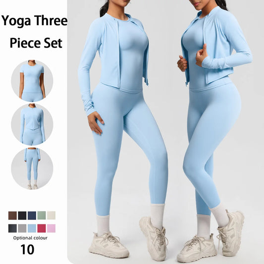 Damen Yoga-Set aus langarmem Top mit Reißverschluss und High-Waist Leggings, hellblau
