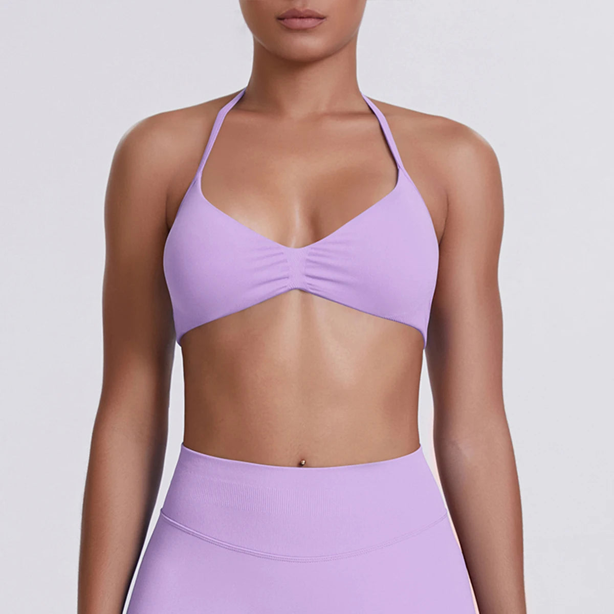 Yoga-BH mit Nackenriemen für Frauen, lila, Triangel-Cups, geraffte Mittelnaht