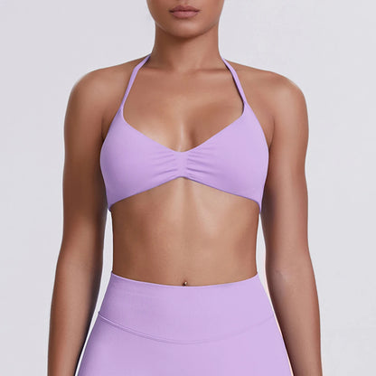 Yoga-BH mit Nackenriemen für Frauen, lila, Triangel-Cups, geraffte Mittelnaht