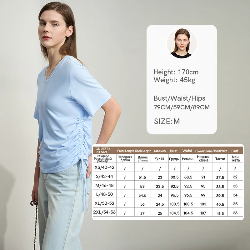 Damen T-Shirt mit solidem V-Ausschnitt und Kordelzug für den Sommer