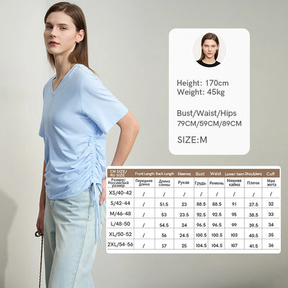 Damen T-Shirt mit solidem V-Ausschnitt und Kordelzug für den Sommer
