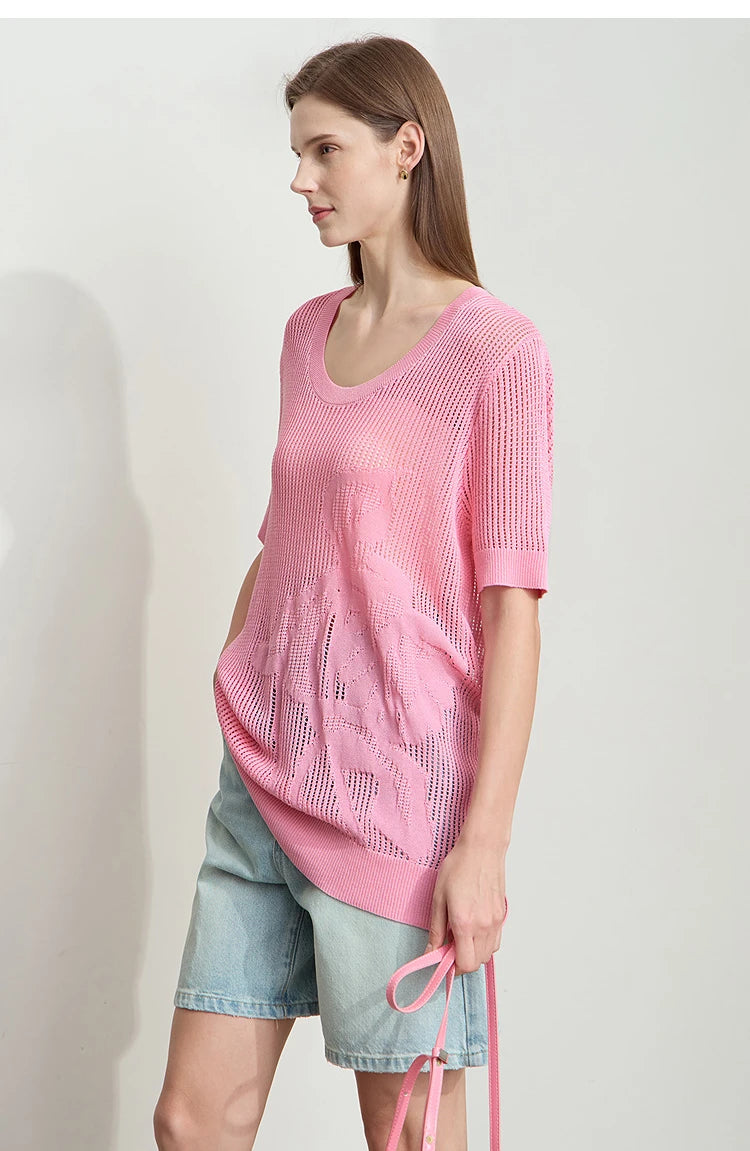 AMII pinker Strickpullover mit U-Ausschnitt und halblangen Ärmeln