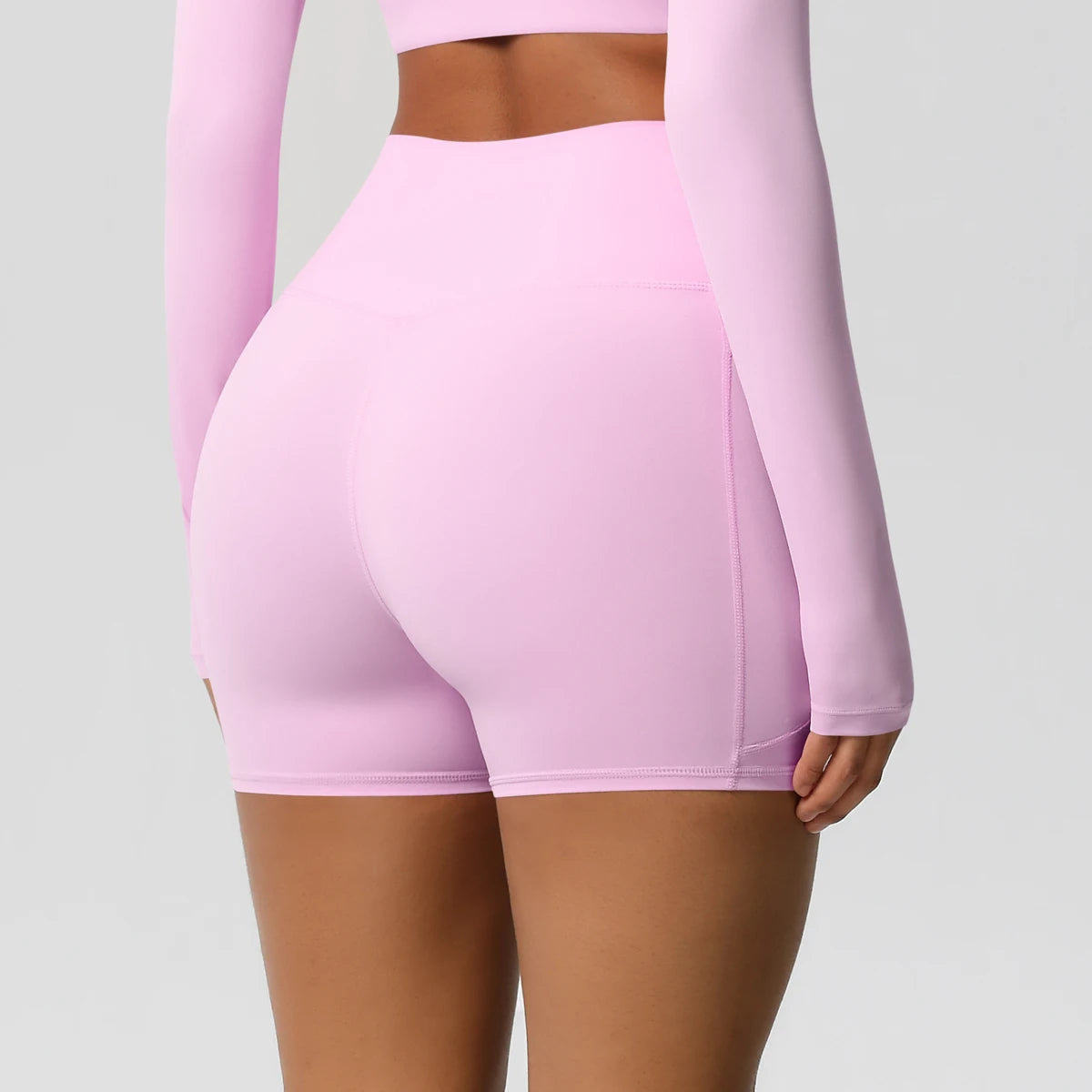 Yogahose Damen mit hoher Taille und Taschen, hellrosa, Seitenansicht