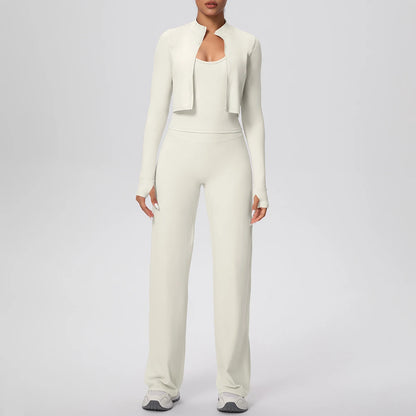 Leichtes Sportset mit heller Elfenbein-Jacke und passenden Hose, Langarm, bequemes Beinbündchen.