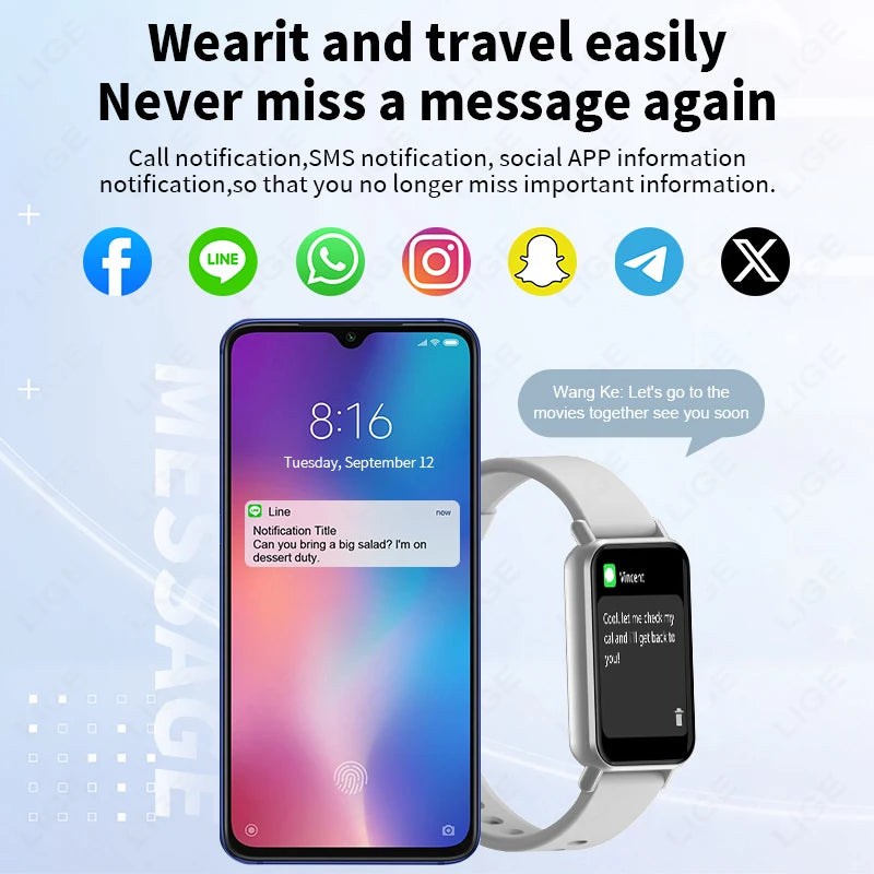 LIGE 1,45" wasserdichte Silikon-Smartwatch, kabelloser Anruf, Schlafügung, Sport-Smartband, Schrittzähler, Informationen, Erinnerungsarmband