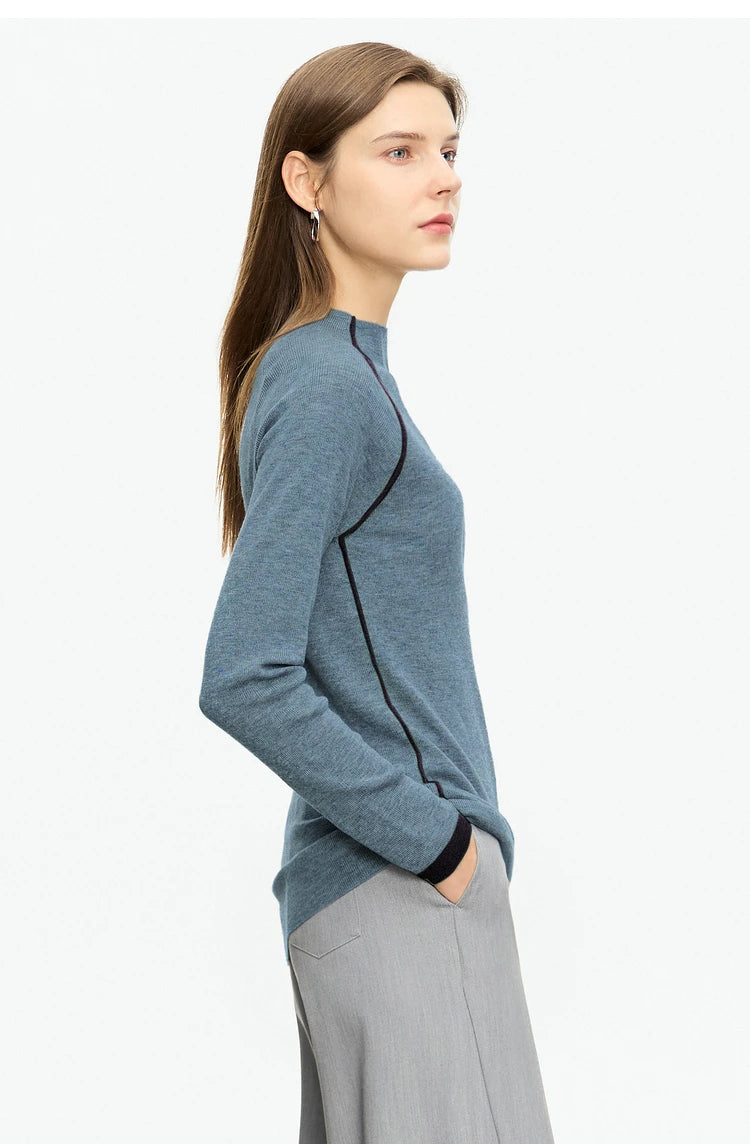 Damenpullover aus Strick, lange Ärmel, Rundhalsausschnitt, blau meliert mit grüner Einfassung
