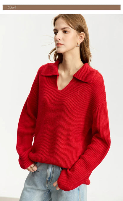 Damen V-Ausschnitt Pullover Acryl French Lazy Style lang Winter