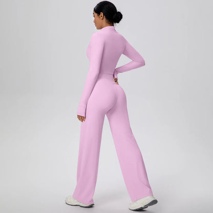 Fliederfarbenes Yoga-Set: Zip-Crop-Top mit langen Ärmeln und lange Hose, seitlich