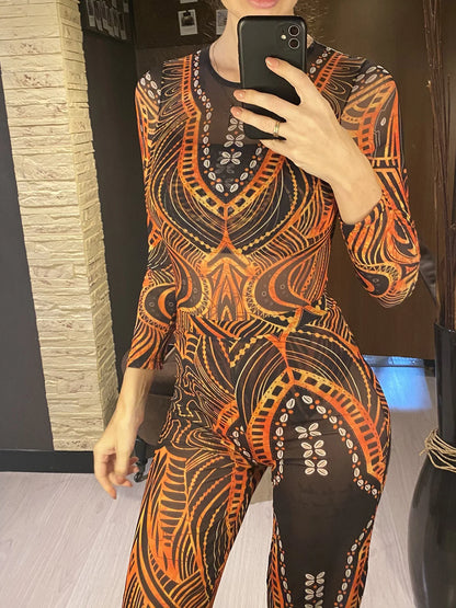 Damen-Badeanzug 3-teilig Print Langarm Sarong-Set gepolstert