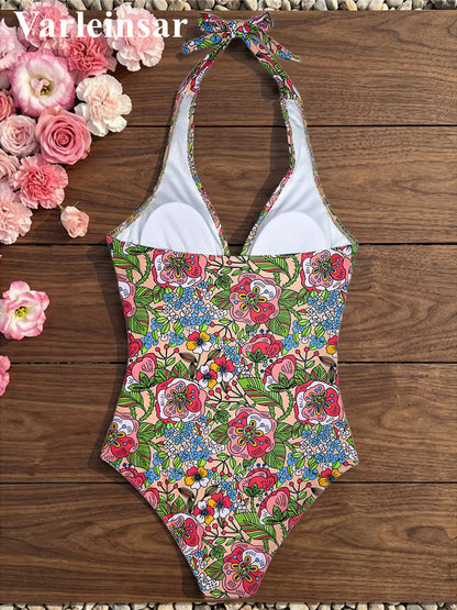 Damen Badeanzug Blumen V-Ausschnitt Neckholder Monokini hoher Beinausschnitt C
