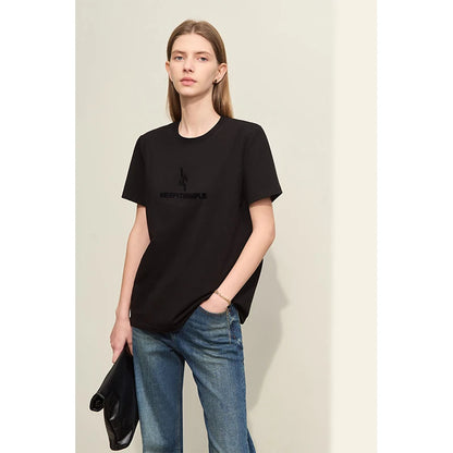 Damen T-Shirt im minimalistischen Stil mit modischer Stickerei und O-Ausschnitt