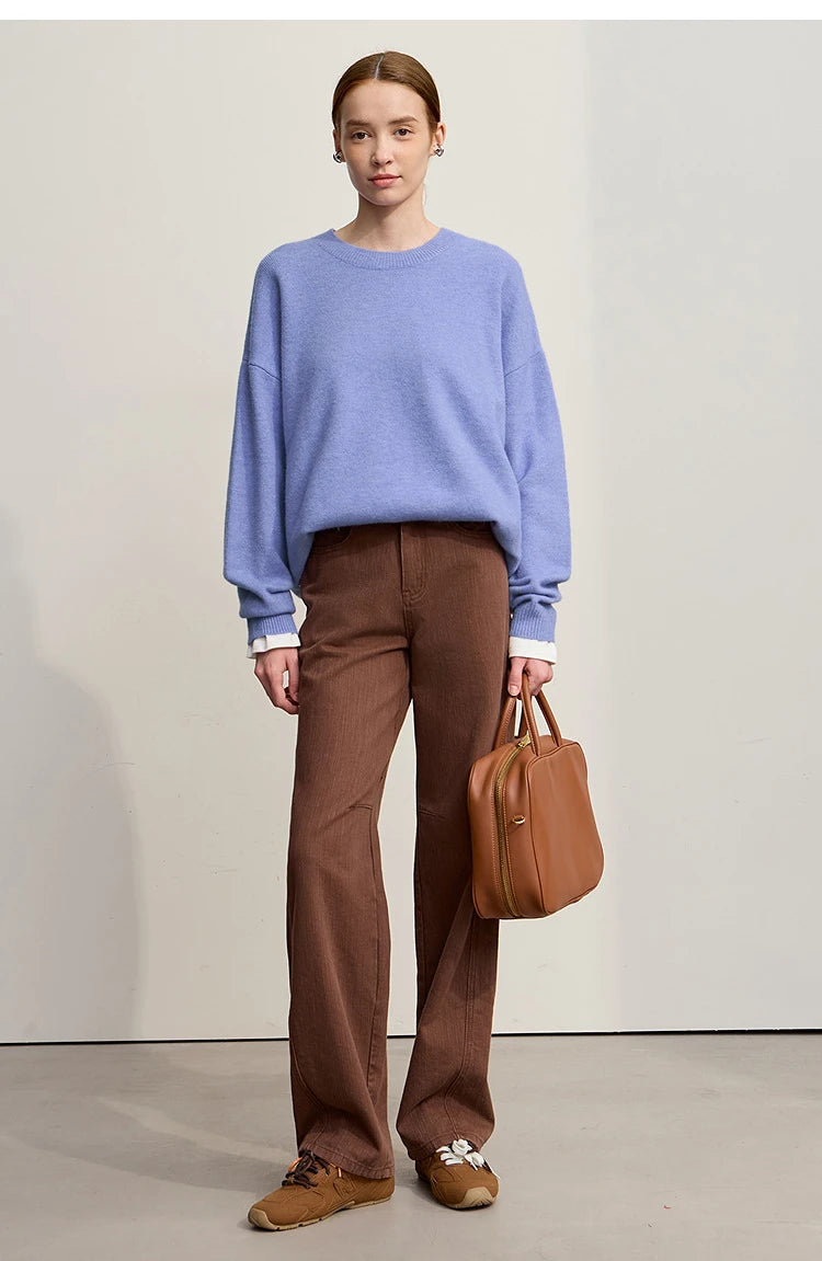 Minimalistischer Damen-Strickpullover, blau, O-Ausschnitt, locker, langarm