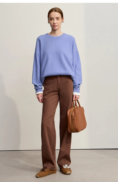 Minimalistischer Damen-Strickpullover, blau, O-Ausschnitt, locker, langarm