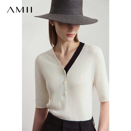 Damen-Strickpullover creme mit V-Ausschnitt und Knopfleiste, kurze Ärmel