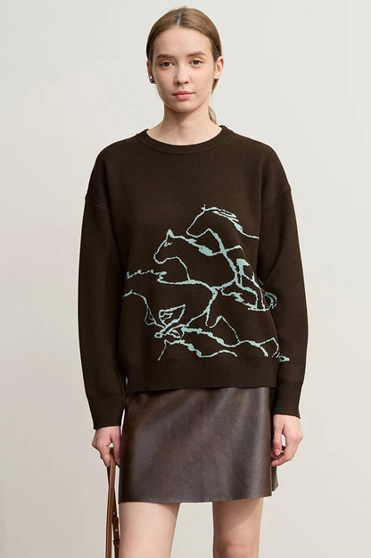 Damen-Rundhalspullover Tier-Jacquard locker Langarm Winter