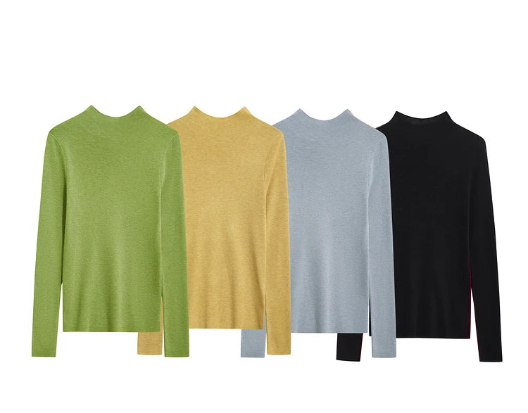 Damen-Halbrollkragen-Pullover Slim Patchwork Wolle-Mix Herbst-Winter