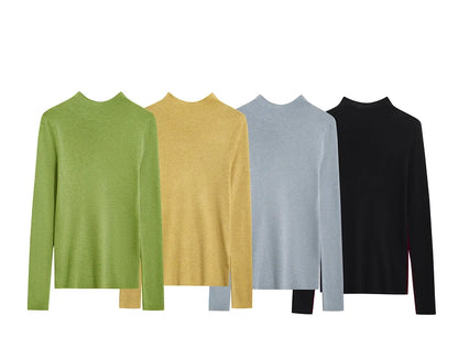 Damen-Halbrollkragen-Pullover Slim Patchwork Wolle-Mix Herbst-Winter