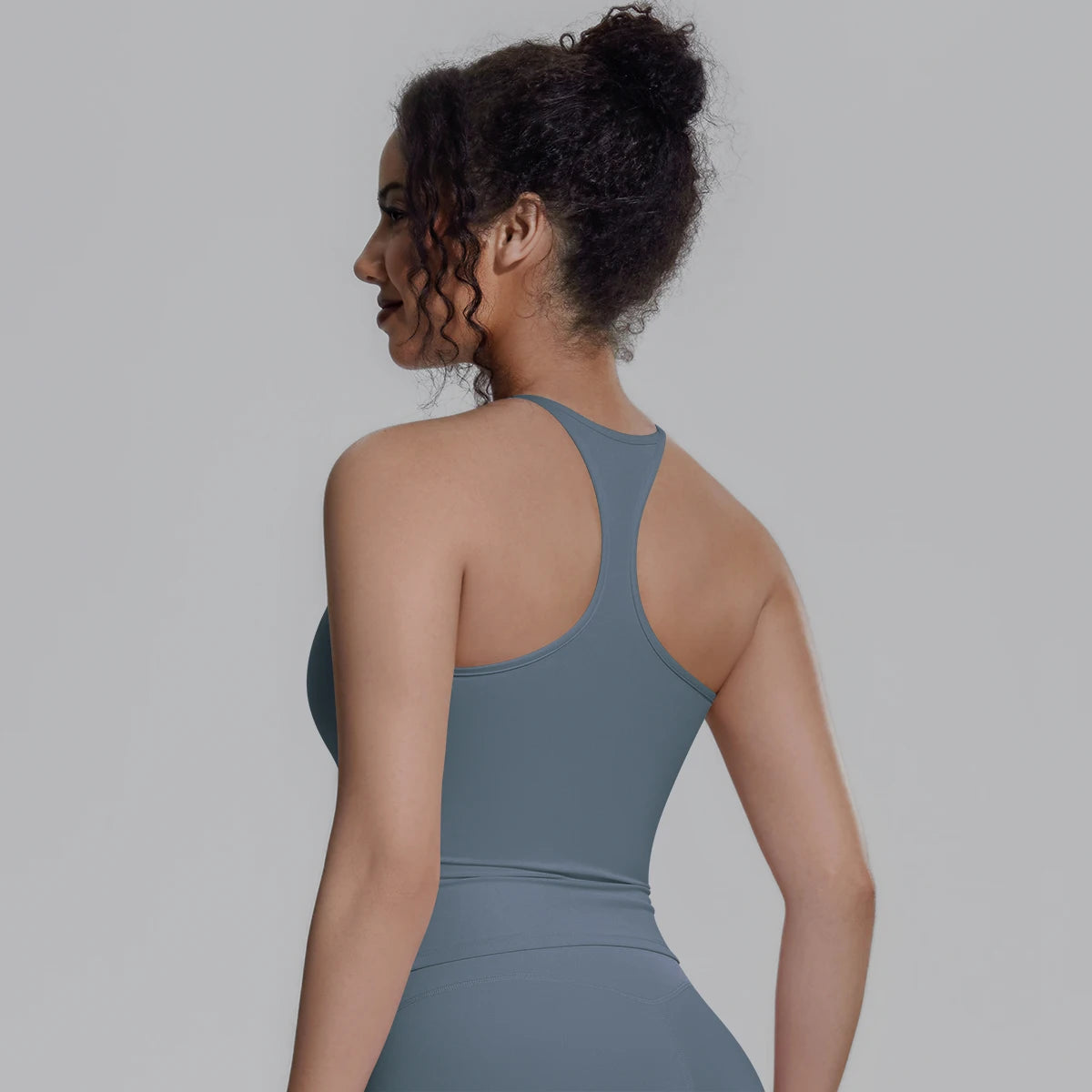Damen-Sportweste mit Racerback, blau-grau, mit Brustpolster, Rückansicht