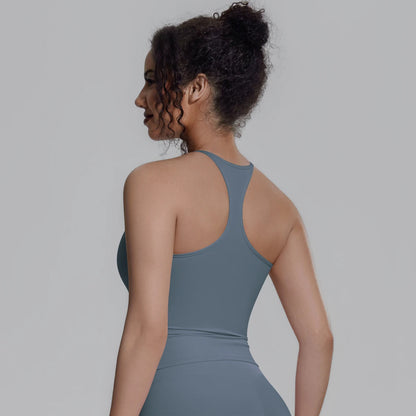 Damen-Sportweste mit Racerback, blau-grau, mit Brustpolster, Rückansicht