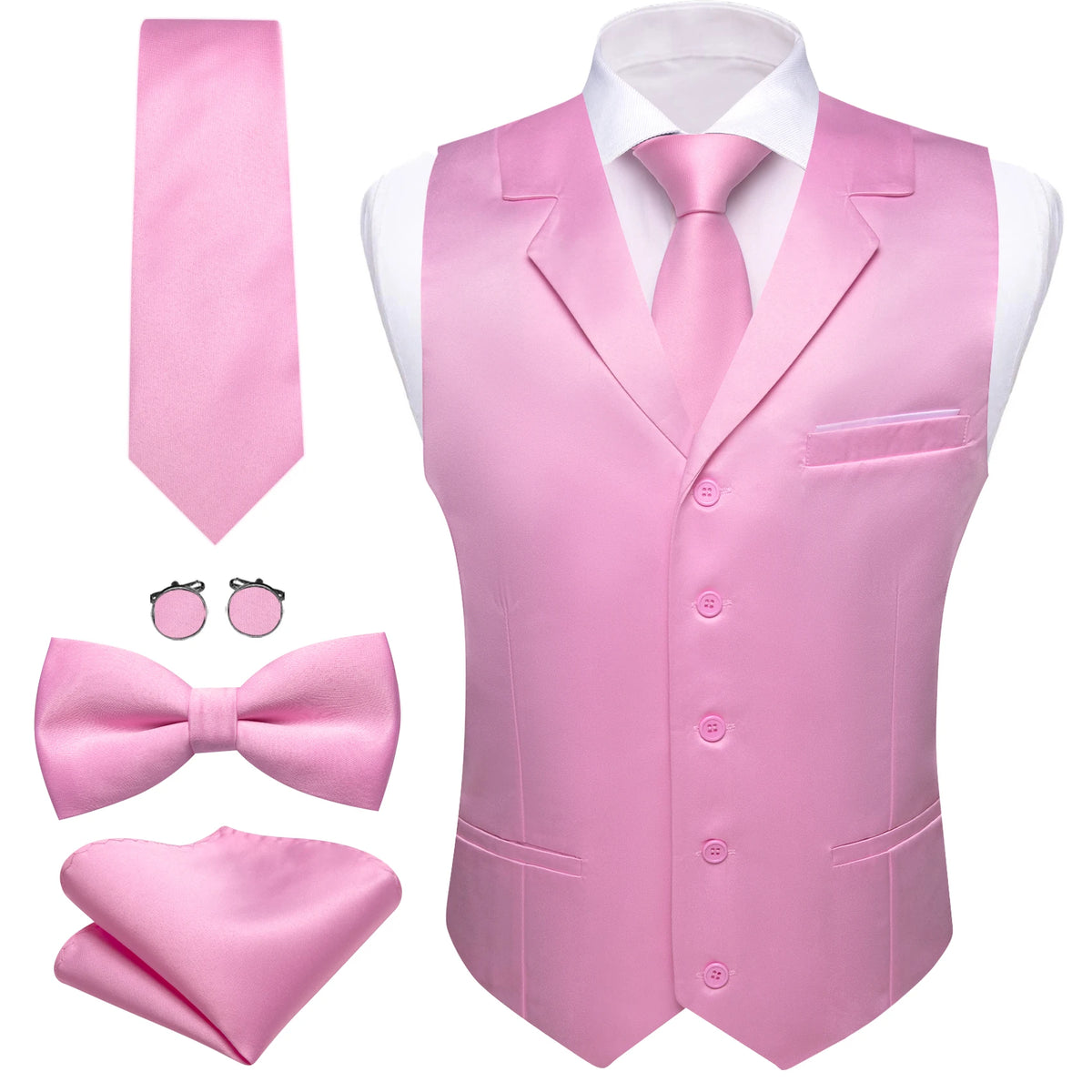 Elegantes Herren Anzugweste-Set in Rosa mit Krawatte, Fliege, Einstecktuch