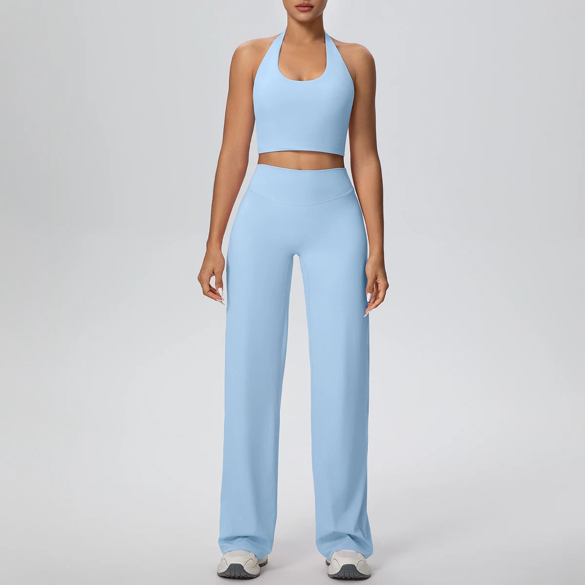 Yoga-Set mit rutschfestem Sport-BH und weiten High-Waist-Leggings, hellblau