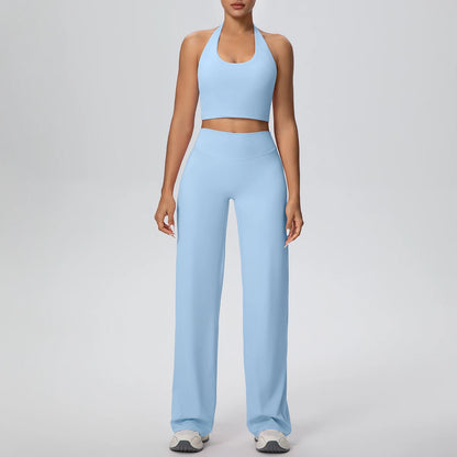 Yoga-Set mit rutschfestem Sport-BH und weiten High-Waist-Leggings, hellblau