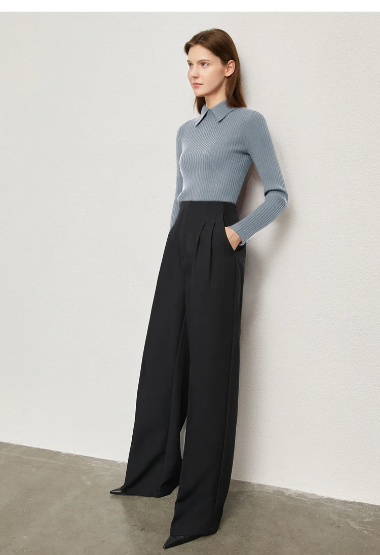 Damen-Strickpullover mit Polo-Kragen, Langarm, graublau, gerippt